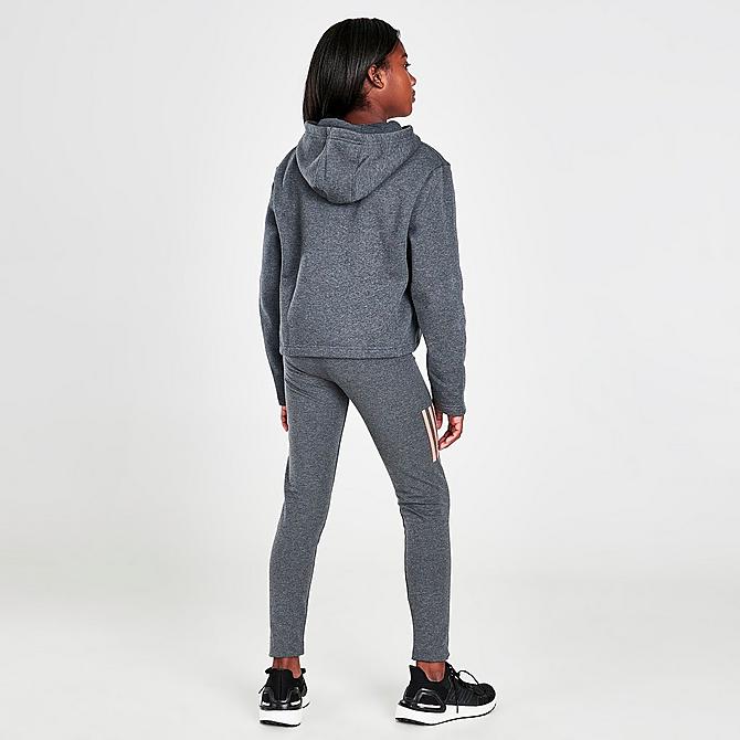 Front Three Quarter view of Girls' adidas Crop Hoodie and Leggings Set in Dark Grey Heather/Peach Click to zoom