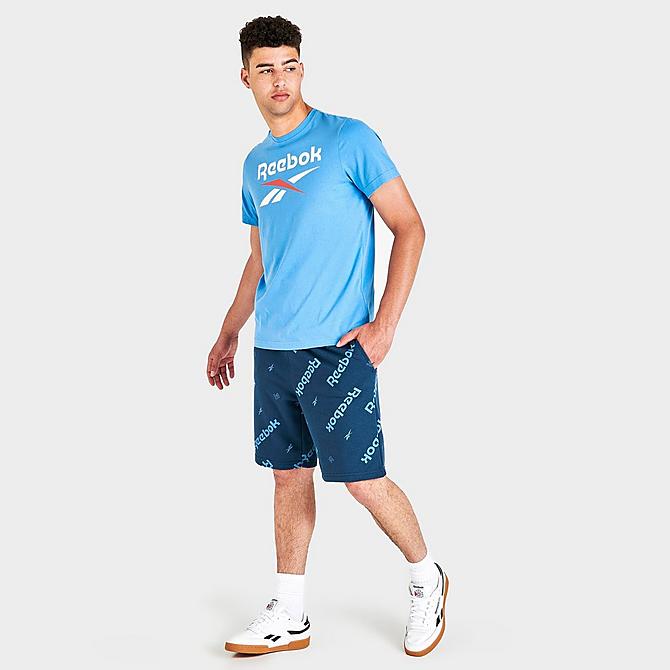 Front Three Quarter view of Men's Reebok Identity All-Over Print Shorts in Batik Blue Click to zoom