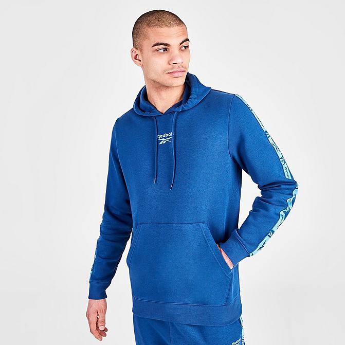 Front view of Men's Reebok Identity Tape Pullover Hoodie in Batik Blue Click to zoom