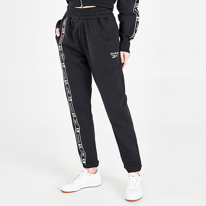Front Three Quarter view of Women's Reebok Essentials Taped Logo Pants in Black Click to zoom