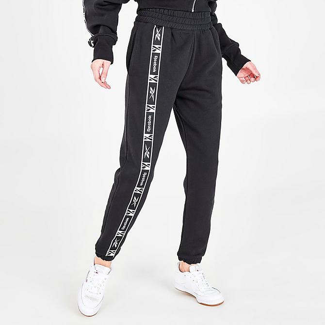 Back Left view of Women's Reebok Essentials Taped Logo Pants in Black Click to zoom