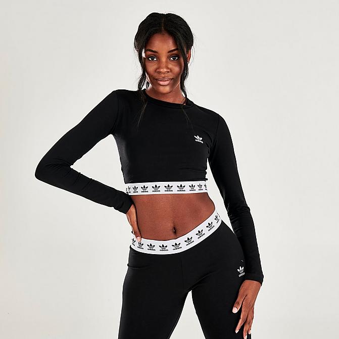 Front view of Women's adidas Originals Cropped Long-Sleeve T-Shirt in Black/White Click to zoom