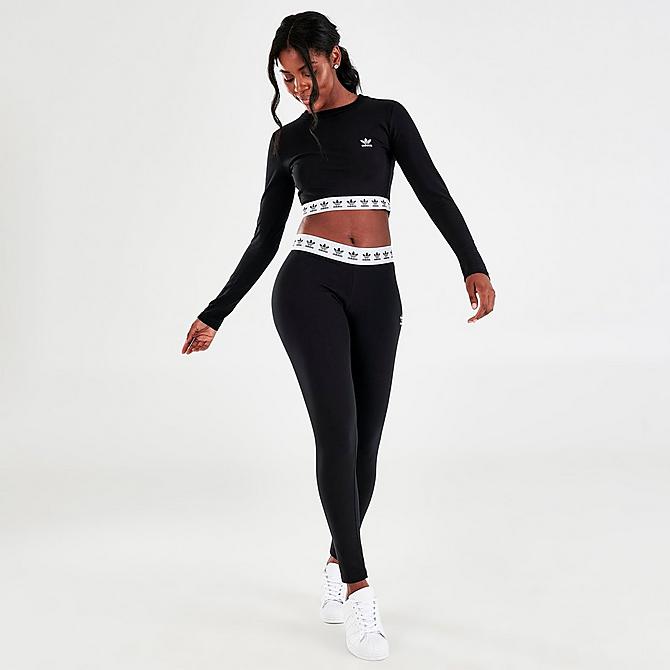 Front Three Quarter view of Women's adidas Originals Cropped Long-Sleeve T-Shirt in Black/White Click to zoom