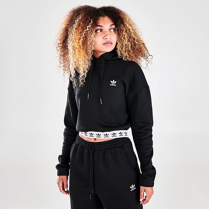 Front view of Women's adidas Originals Tape Cropped Hoodie in Black Click to zoom