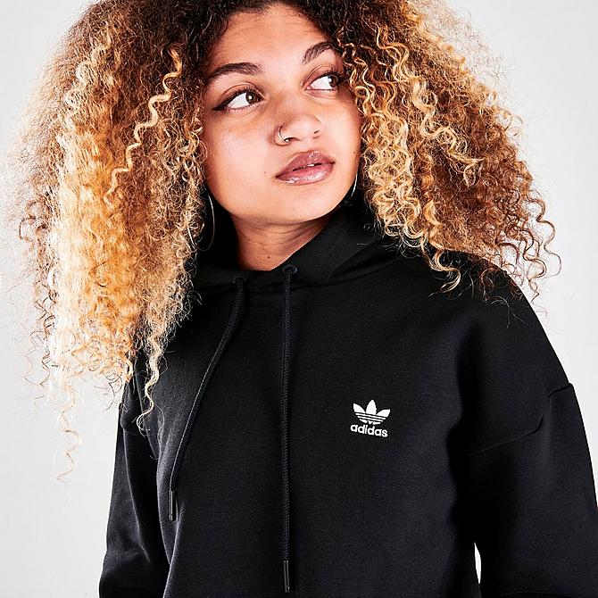 On Model 5 view of Women's adidas Originals Tape Cropped Hoodie in Black Click to zoom