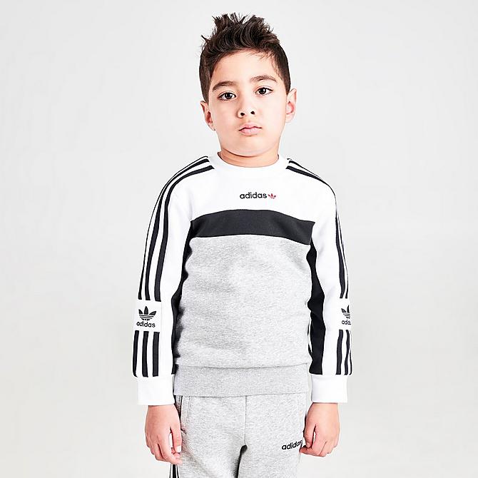 Back Left view of Little Kids' adidas Originals Itasca Crewneck Sweatshirt and Jogger Pants Set in Heather Grey Click to zoom