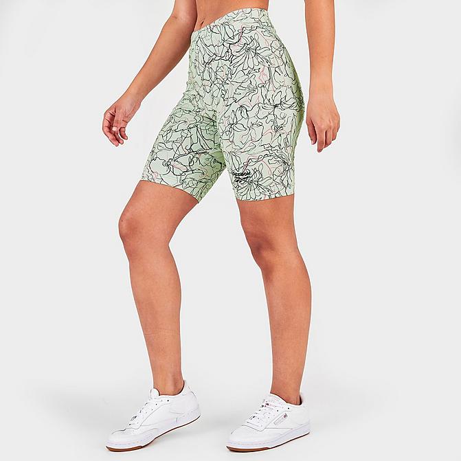 Front view of Women's Reebok Classics Contour Floral Print Legging Shorts in Light Sage Click to zoom