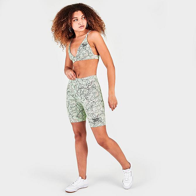 Front Three Quarter view of Women's Reebok Classics Contour Floral Print Legging Shorts in Light Sage Click to zoom