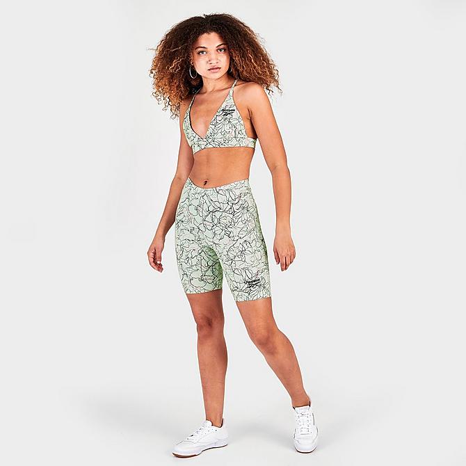 Front Three Quarter view of Women's Reebok Classics Contour Floral Print Light-Support Sports Bra in Light Sage Click to zoom