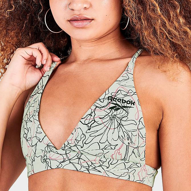 On Model 5 view of Women's Reebok Classics Contour Floral Print Light-Support Sports Bra in Light Sage Click to zoom