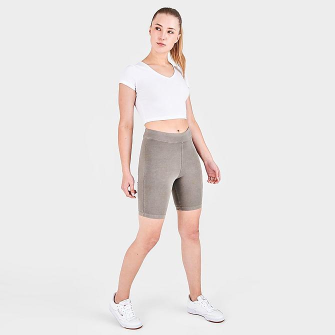 Front Three Quarter view of Women's Reebok Classics Natural Dye Bike Shorts in Boulder Grey Click to zoom