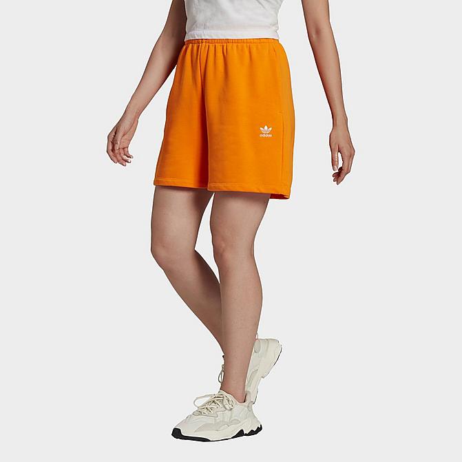 Front view of Women's adidas Originals Adicolor Essentials French Terry Shorts in Bright Orange Click to zoom