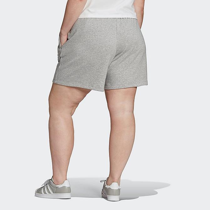 Front Three Quarter view of Women's adidas Originals Adicolor Essentials French Terry Shorts (Plus Size) in Medium Grey Heather Click to zoom