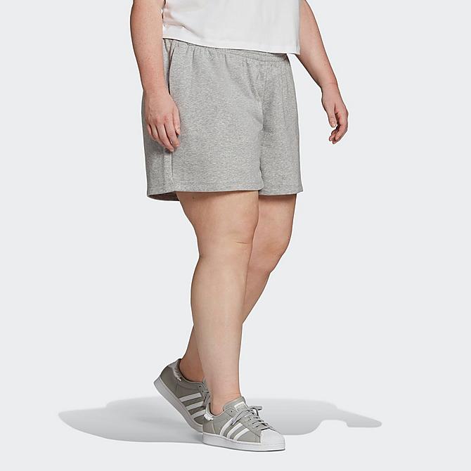 Back Left view of Women's adidas Originals Adicolor Essentials French Terry Shorts (Plus Size) in Medium Grey Heather Click to zoom