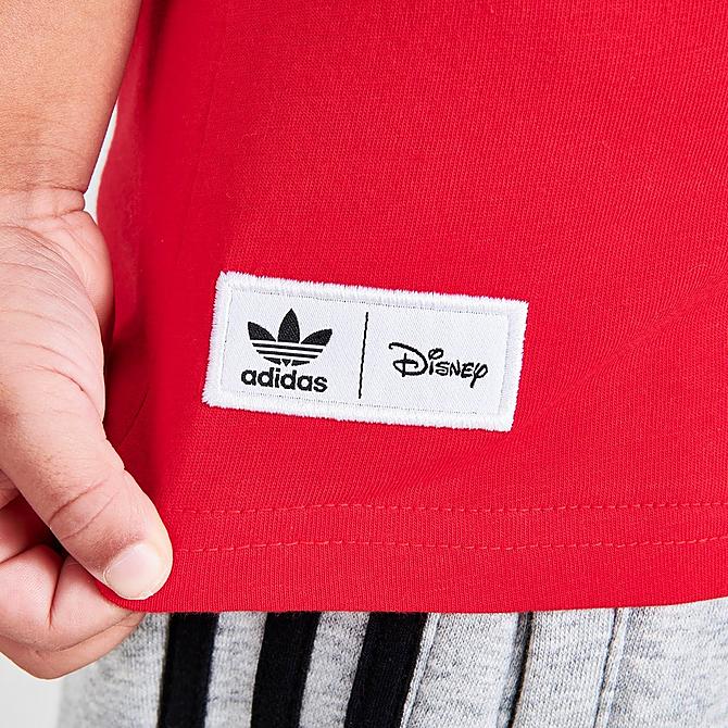 On Model 6 view of Little Kids' adidas Originals x Disney Mickey and Friends T-Shirt in Vivid Red Click to zoom