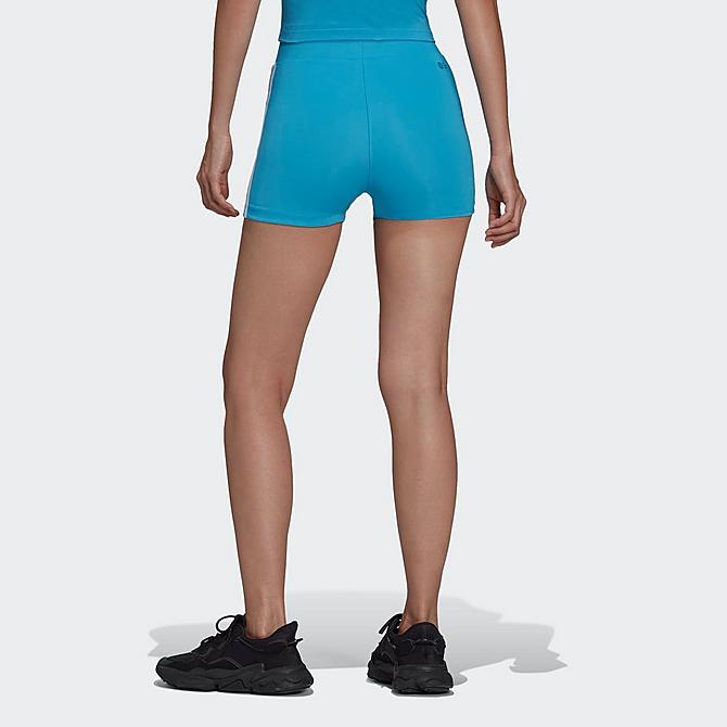 Front Three Quarter view of Women's adidas Originals Adicolor Classics Traceable Shorts in Sky Rush Click to zoom