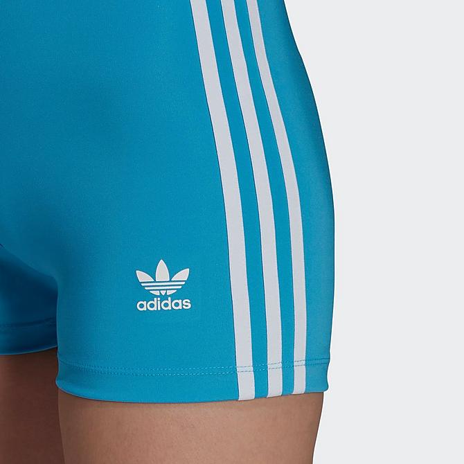 Back Right view of Women's adidas Originals Adicolor Classics Traceable Shorts in Sky Rush Click to zoom