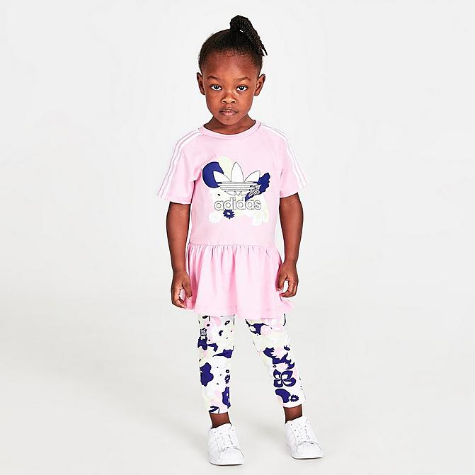 [angle] view of Girls' Infant and Toddler adidas Originals Flower Print T-Shirt Dress and Leggings Set in True Pink Click to zoom