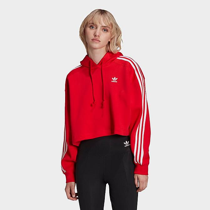 Front view of Women's adidas Originals Adicolor Classics Cropped Hoodie in Vivid Red Click to zoom