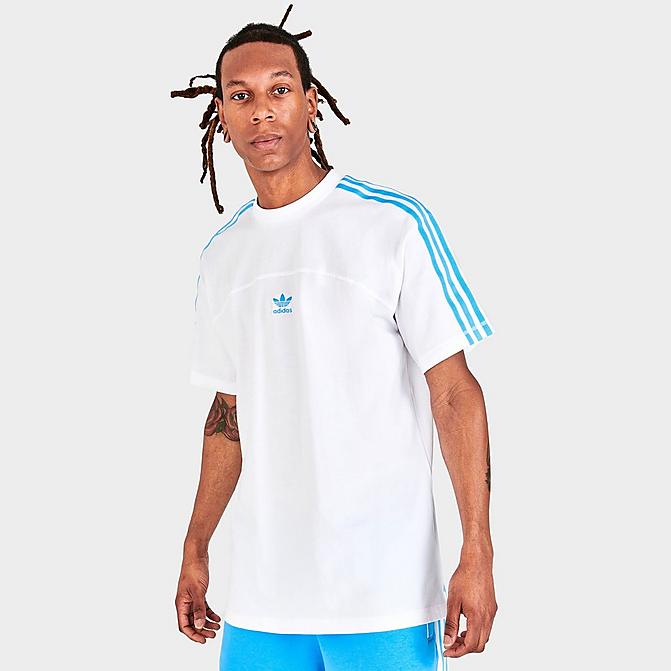 Front view of Men's adidas Originals Blocked Three-Stripes Short-Sleeve T-Shirt in Sky Rush Click to zoom