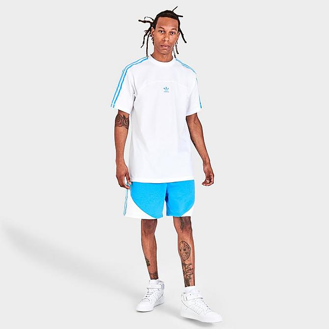 Front Three Quarter view of Men's adidas Originals Blocked Three-Stripes Short-Sleeve T-Shirt in Sky Rush Click to zoom