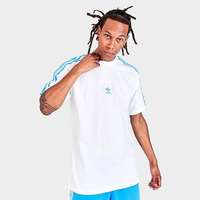 Back Left view of Men's adidas Originals Blocked Three-Stripes Short-Sleeve T-Shirt in Sky Rush Click to zoom