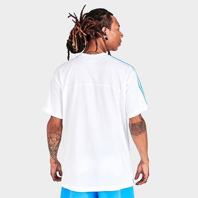 Back Right view of Men's adidas Originals Blocked Three-Stripes Short-Sleeve T-Shirt in Sky Rush Click to zoom