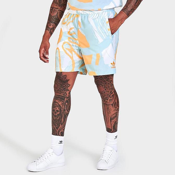 Front view of Men's adidas Originals Adiplay Allover Print Shorts in Sky Tint/Acid Orange Click to zoom