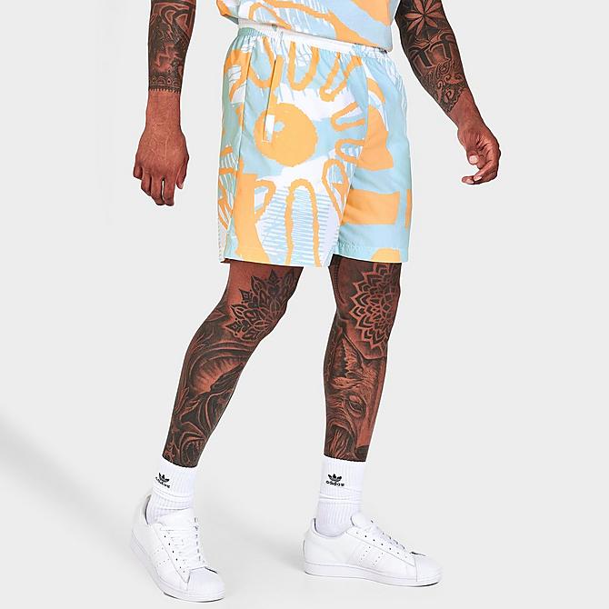 Back Left view of Men's adidas Originals Adiplay Allover Print Shorts in Sky Tint/Acid Orange Click to zoom