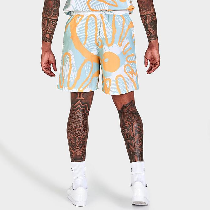 Back Right view of Men's adidas Originals Adiplay Allover Print Shorts in Sky Tint/Acid Orange Click to zoom