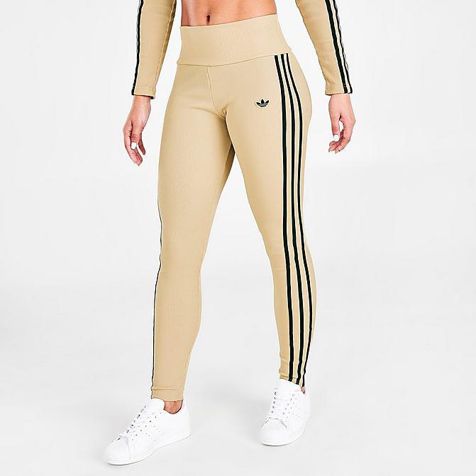 Front view of Women's adidas Originals Ribbed Leggings in Beige Tone Click to zoom