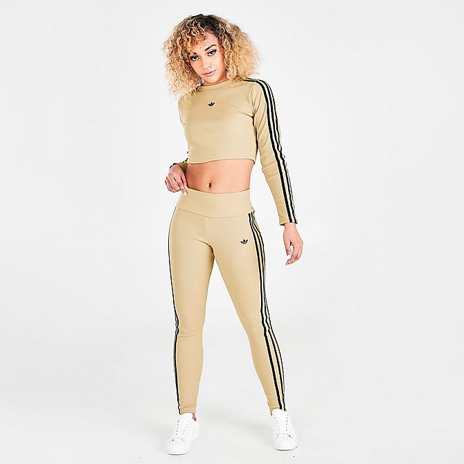 Front Three Quarter view of Women's adidas Originals Ribbed Leggings in Beige Tone Click to zoom