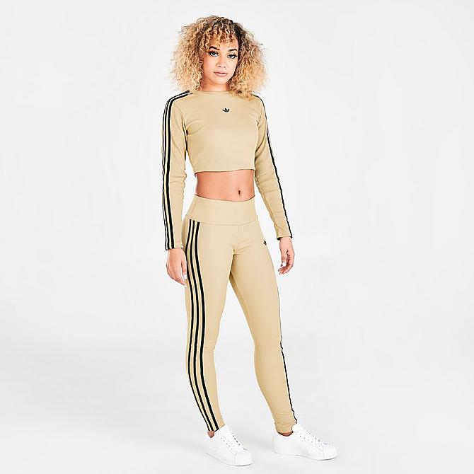 Front Three Quarter view of Women's adidas Originals Ribbed Cropped Long-Sleeve Top in Beige Tone Click to zoom