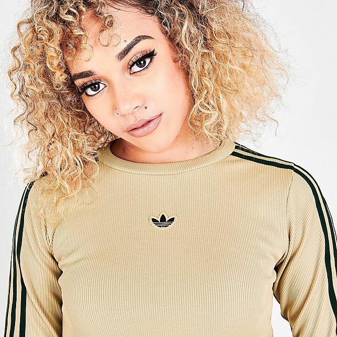 On Model 5 view of Women's adidas Originals Ribbed Cropped Long-Sleeve Top in Beige Tone Click to zoom
