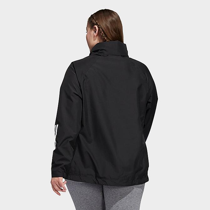 Front Three Quarter view of Women's adidas BSC 3-Stripes RAIN.RDY Jacket (Plus Size) in Black Click to zoom