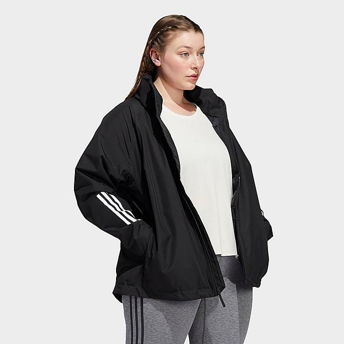 Back Right view of Women's adidas BSC 3-Stripes RAIN.RDY Jacket (Plus Size) in Black Click to zoom