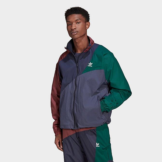 Front view of Men's adidas Originals Adicolor Colorblock Track Jacket in Shadow Navy/Quiet Crimson/Collegiate Green Click to zoom