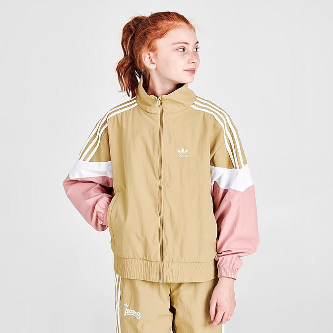 Front view of Girls' adidas Originals Dance Woven Track Jacket in Khaki/White/Pink Click to zoom