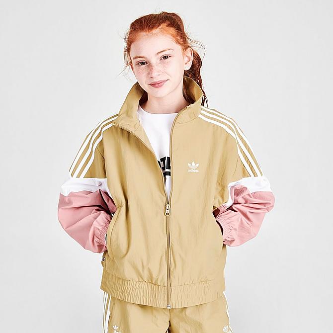 Back Left view of Girls' adidas Originals Dance Woven Track Jacket in Khaki/White/Pink Click to zoom