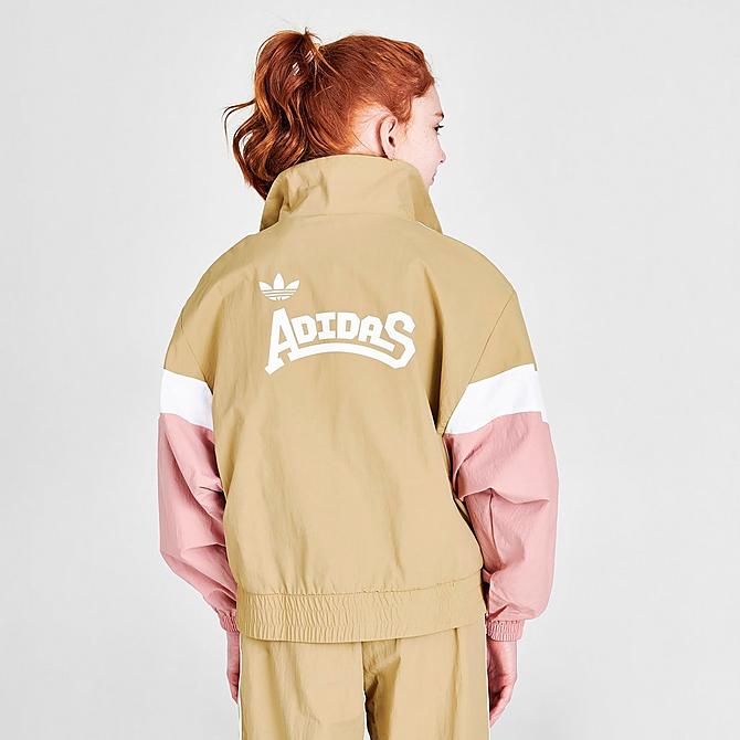 Back Right view of Girls' adidas Originals Dance Woven Track Jacket in Khaki/White/Pink Click to zoom