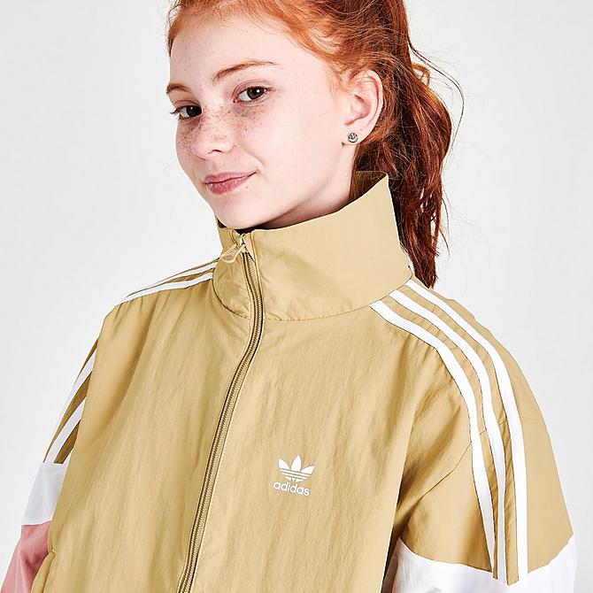 On Model 5 view of Girls' adidas Originals Dance Woven Track Jacket in Khaki/White/Pink Click to zoom