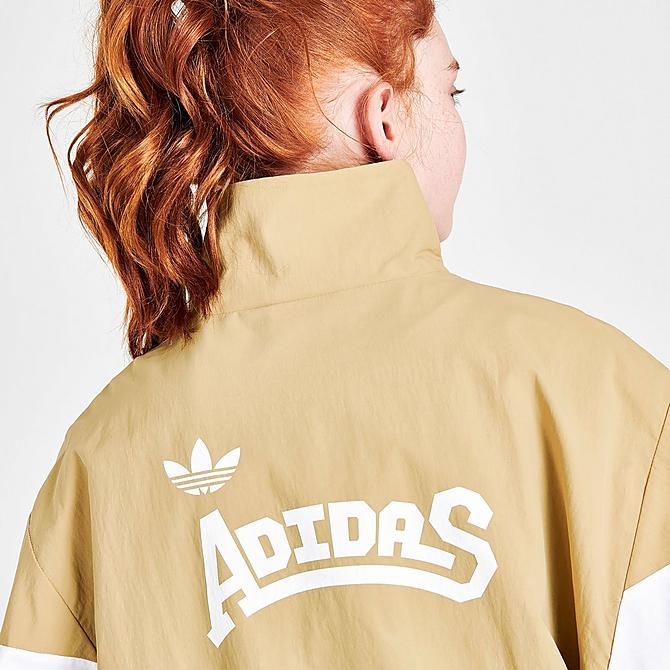 On Model 6 view of Girls' adidas Originals Dance Woven Track Jacket in Khaki/White/Pink Click to zoom