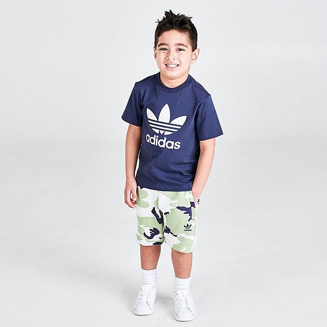 Front view of Boys' Little Kids' adidas Originals Camo Shorts and T-Shirt Set in Shadow Navy Click to zoom