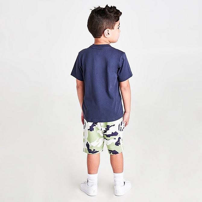 Front Three Quarter view of Boys' Little Kids' adidas Originals Camo Shorts and T-Shirt Set in Shadow Navy Click to zoom