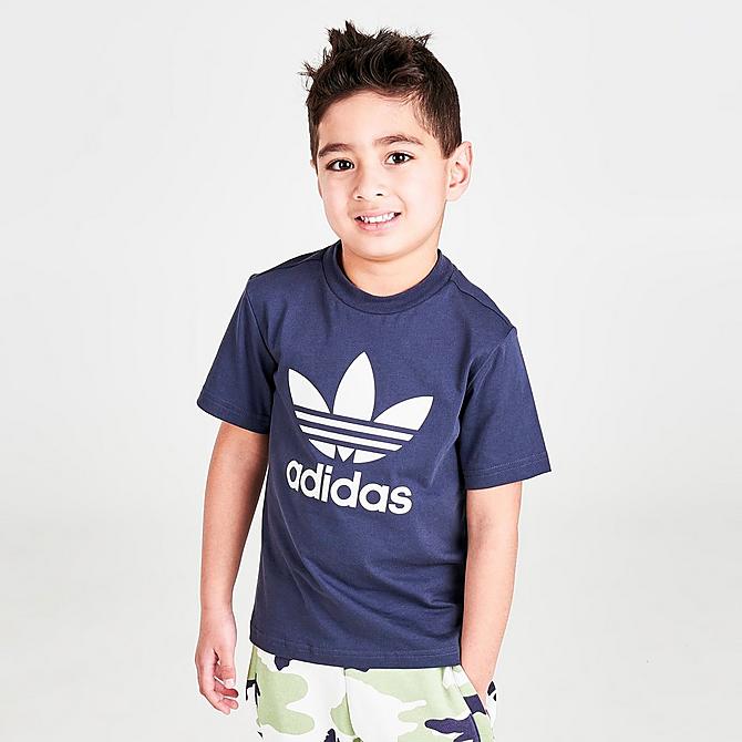 Back Left view of Boys' Little Kids' adidas Originals Camo Shorts and T-Shirt Set in Shadow Navy Click to zoom