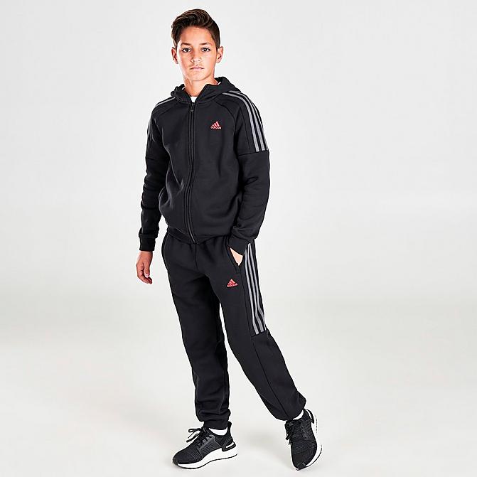Front view of Boys' adidas Full-Zip Hoodie and Jogger Pants Set in Black/Grey/Red Click to zoom