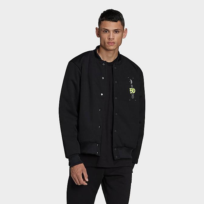 Front view of Men's adidas Originals Behind The Trefoil VRCT Varsity Jacket in Black/Solar Yellow Click to zoom