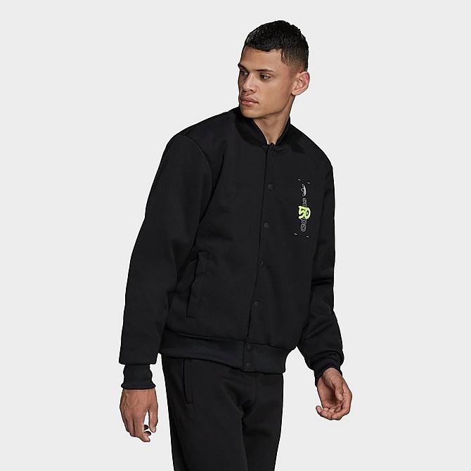 Back Left view of Men's adidas Originals Behind The Trefoil VRCT Varsity Jacket in Black/Solar Yellow Click to zoom