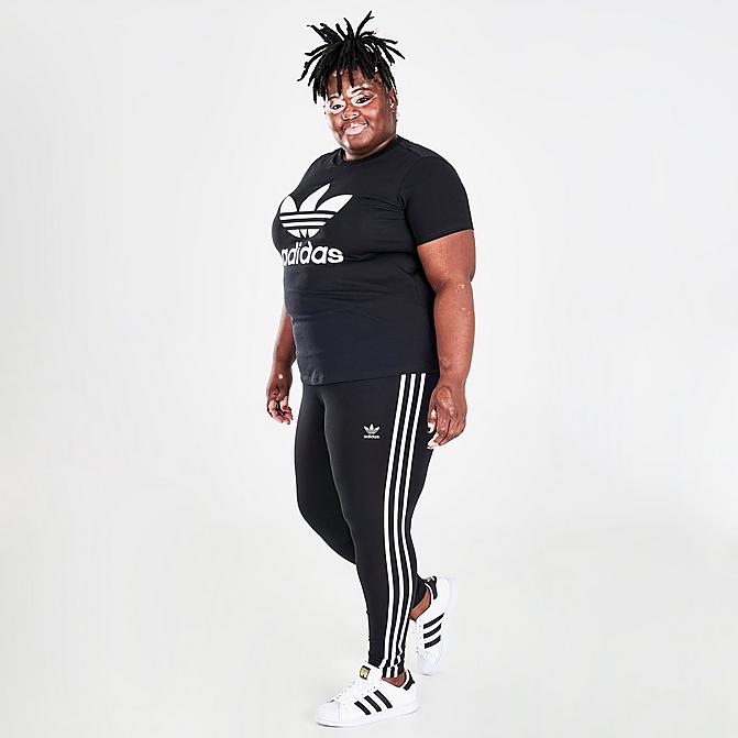 Front view of Women's adidas Originals Trefoil 3-Stripes Leggings (Plus Size) in Black Click to zoom