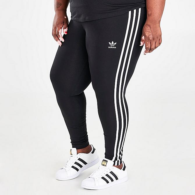 Back Left view of Women's adidas Originals Trefoil 3-Stripes Leggings (Plus Size) in Black Click to zoom